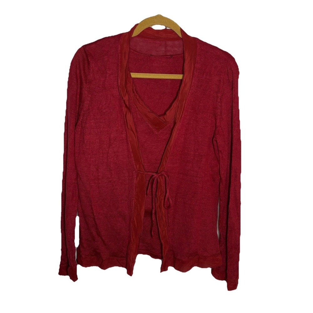 Y2K‎ Linen Tank & Cardigan Co-Ord Set Lagenlook Boho Resortwear Silk Trim Red
